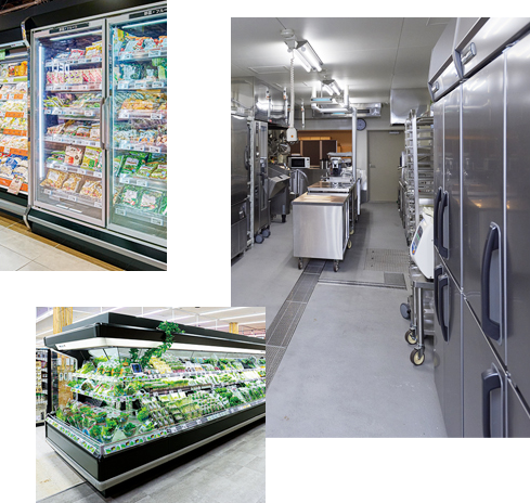 Supermarket interior（左上・左下）／Kitchen of a large leisure facility（右）