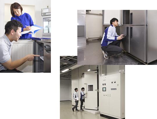 Store clerk checking the contents of a commercial refrigerator in a restaurant（左）／Panasonic engineer testing a commercial refrigerator in a test room（右上）／Two Panasonic engineers entering a test room（右下）