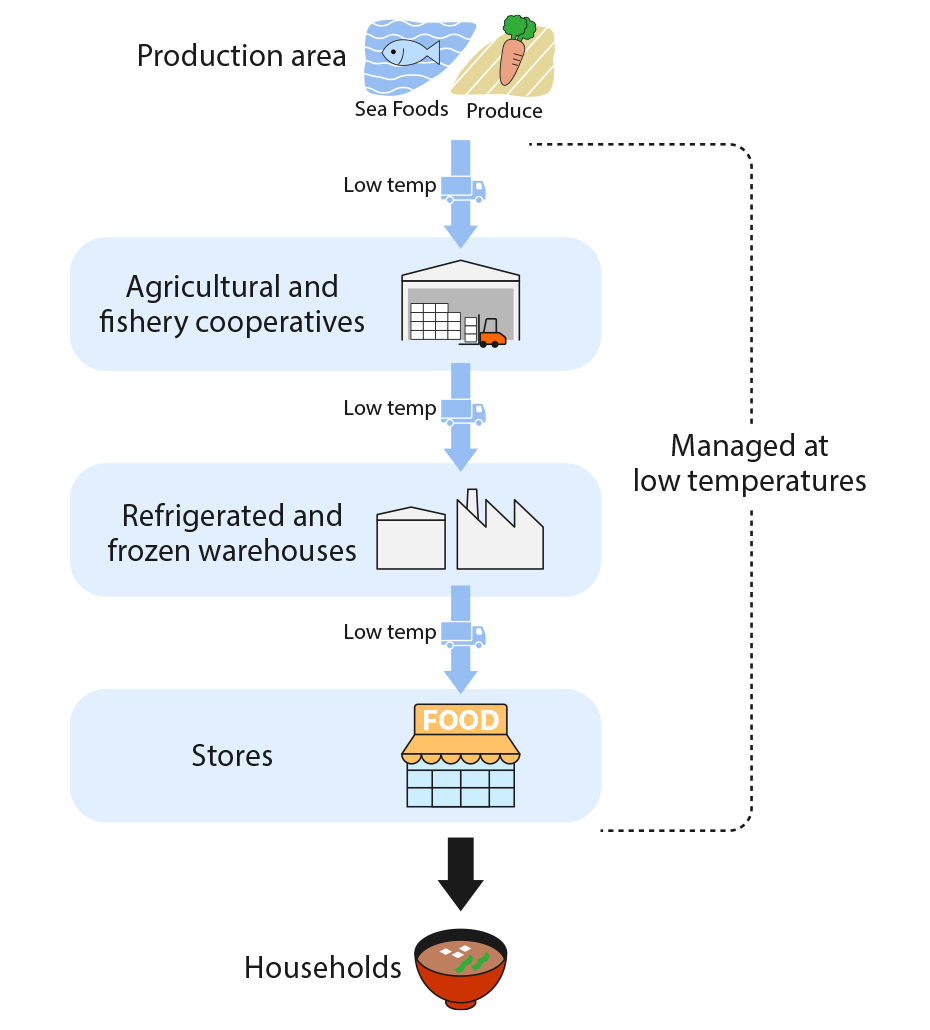 Agricultural and marine products are transported from the production area to agricultural and fishery cooperatives, then to refrigerated and frozen warehouses, next to stores, and finally to household tables. During this process, they are always kept at low temperatures.