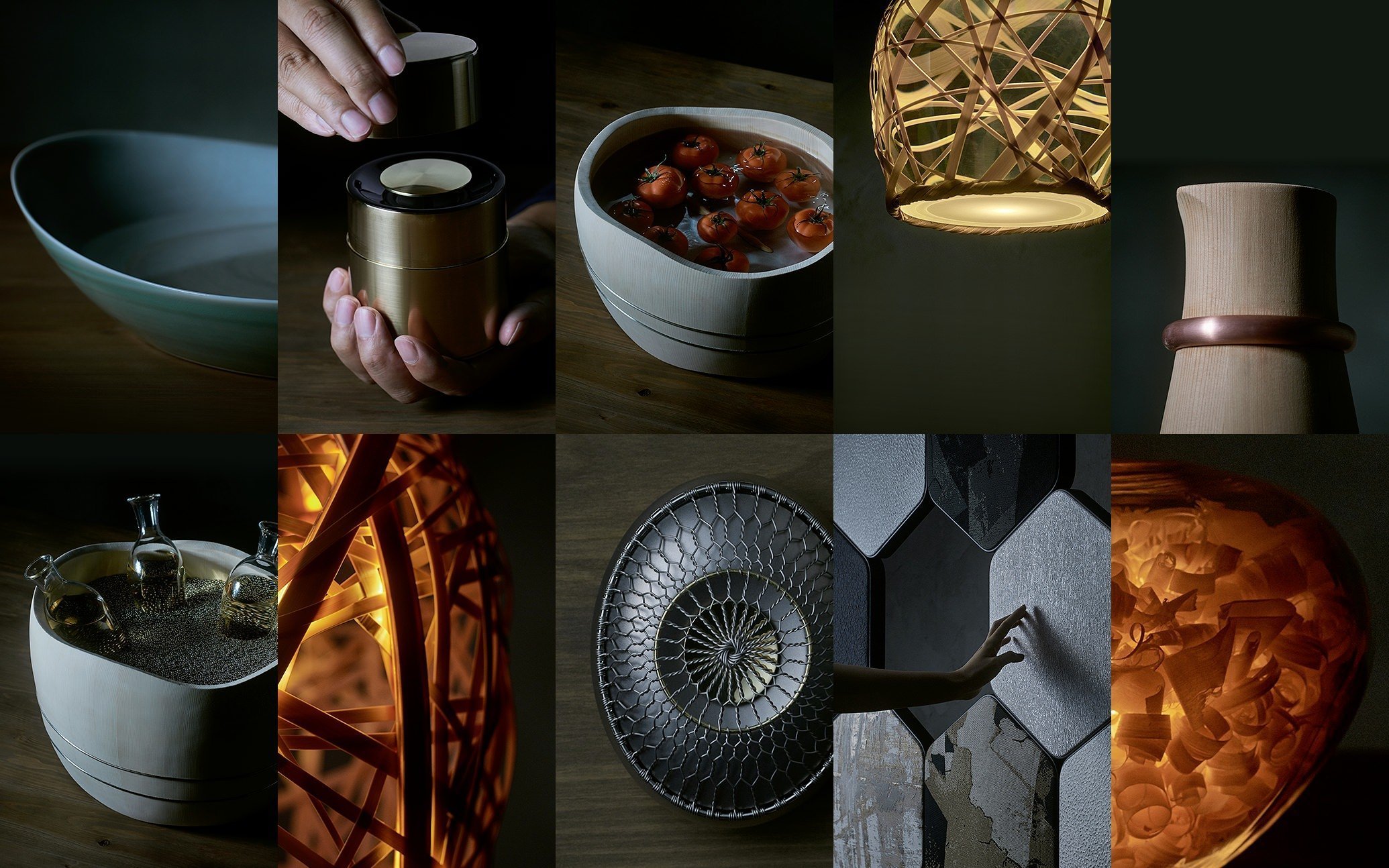 多くの照明器具とインテリア雑貨のクローズアップ画像、木製や金属製の質感が映る  