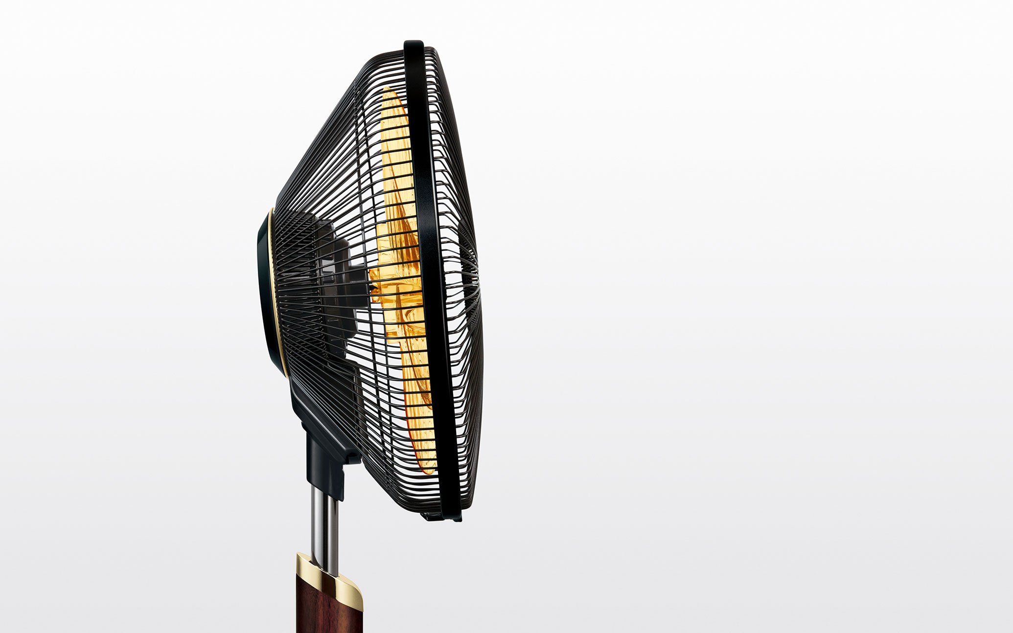 黒色の扇風機、円形の羽根と金属製の支柱、調整可能な台座を備えた縦長デザイン
