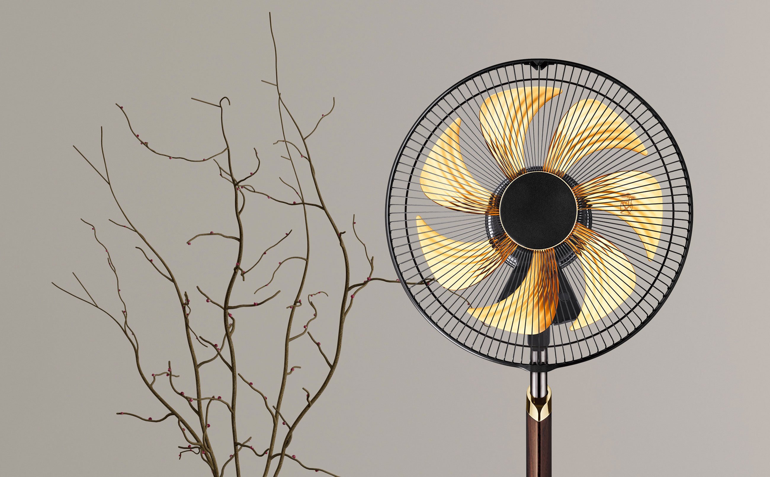 左手に枝、右手に扇風機が置かれている