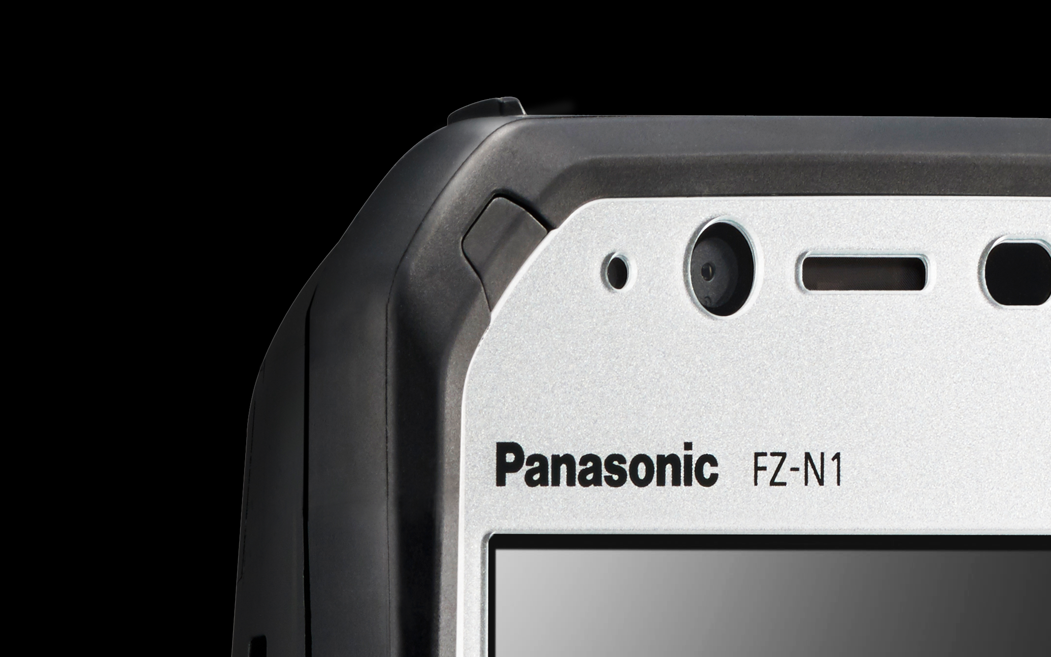 タフパッドの画面左上。２色成型のエラストマー素材にフォーカスした写真