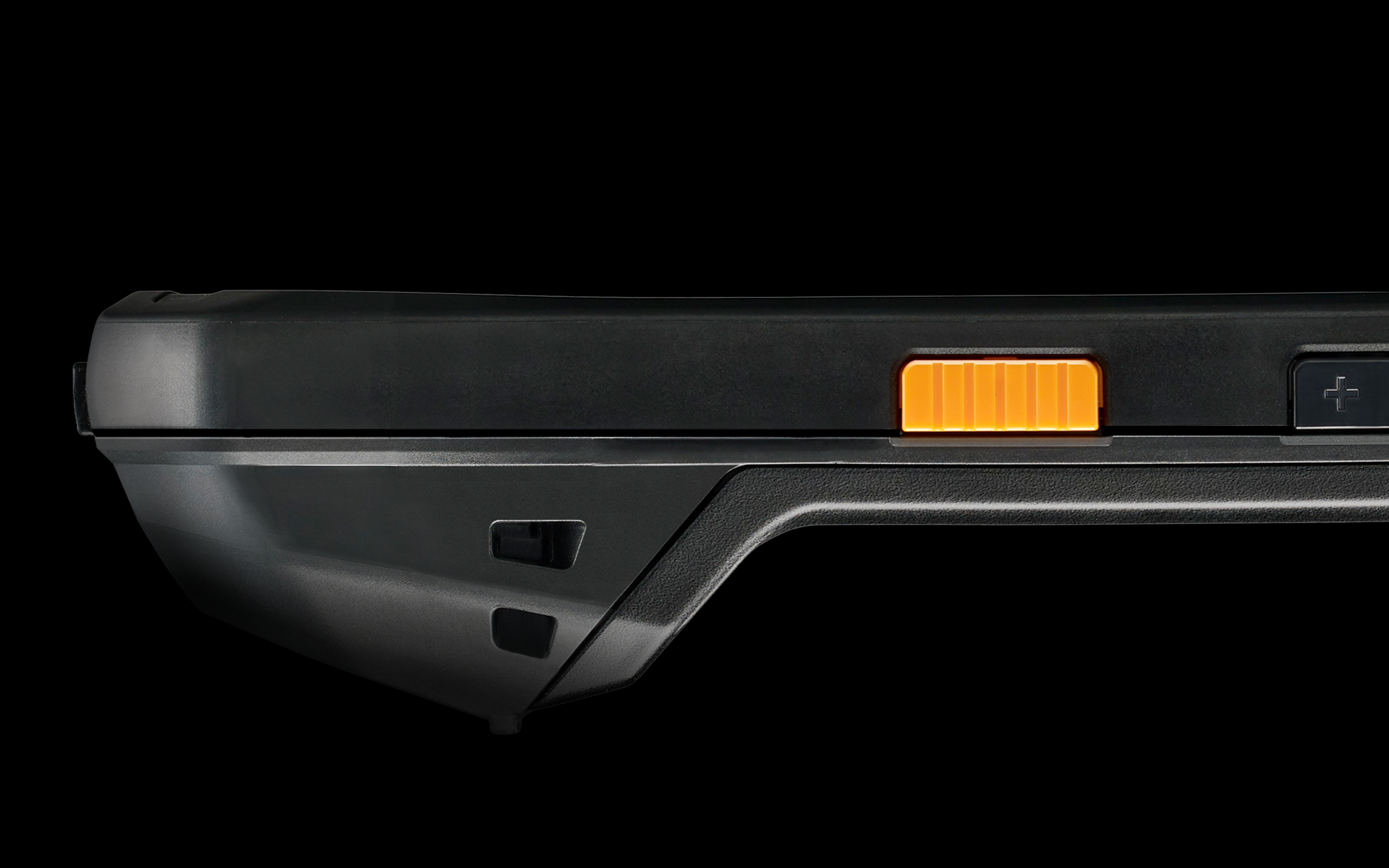 The left side of the ToughPad, featuring a black body with a highly visible orange switch.