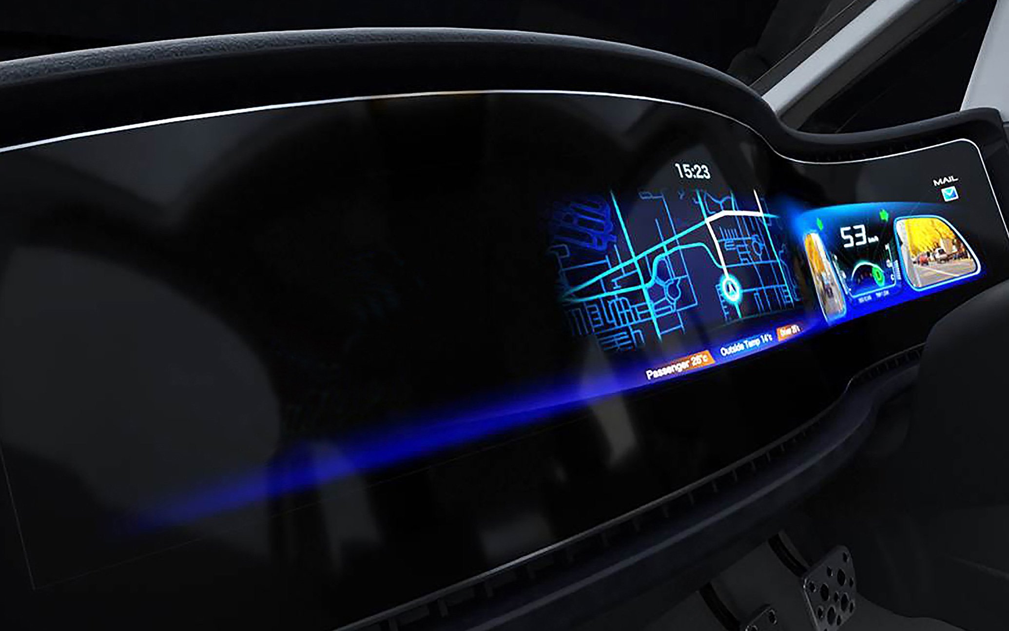 自動車のダッシュボード上に広がる湾曲型デジタルディスプレイ、地図情報と速度計およびサイドミラー映像表示