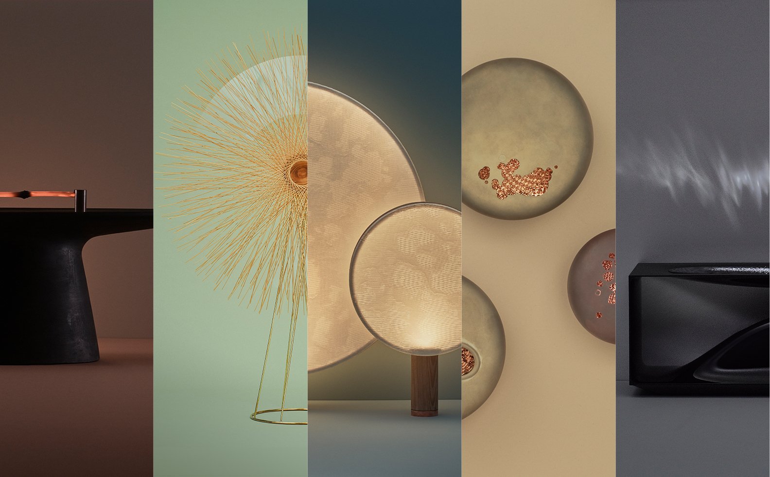 左から黒いスピーカ、放射状デザインの扇風機、円形の照明、丸い陶器やガラスの器、黒いスピーカーの順で並ぶ、イメージ画像