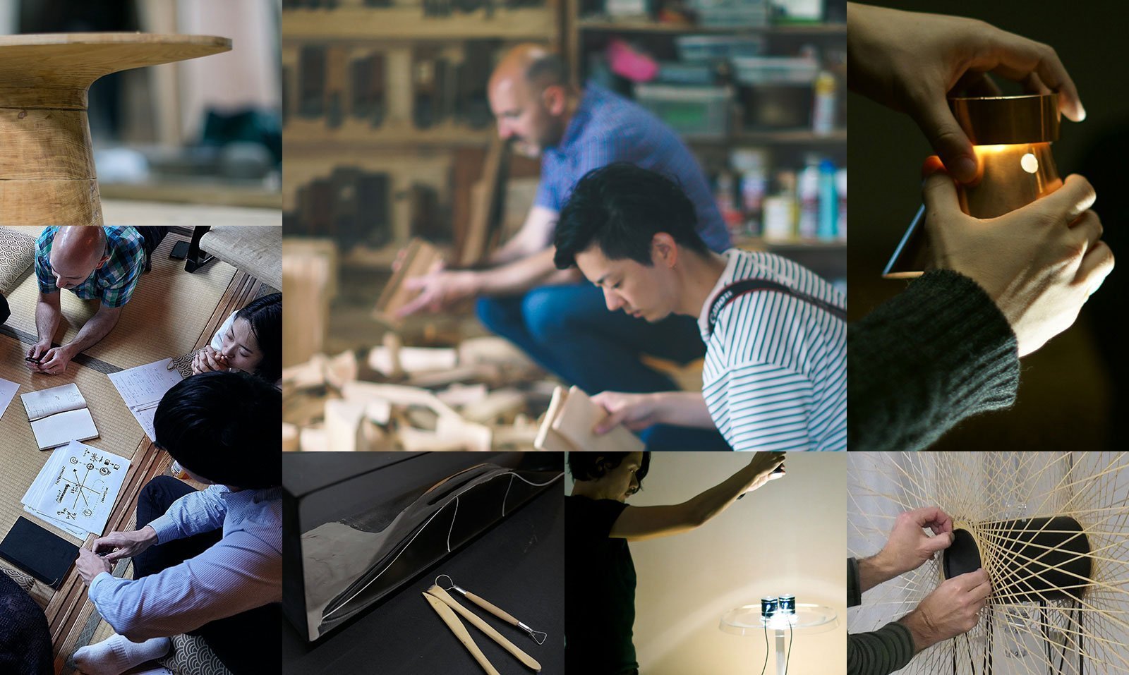 木製スツールの天板、木材組み立て作業、光源検証、書類とペン、陶芸用ヘラと黒色造形物、照明試験、竹ひご編み込みのプロセスを並べたコラージュ  