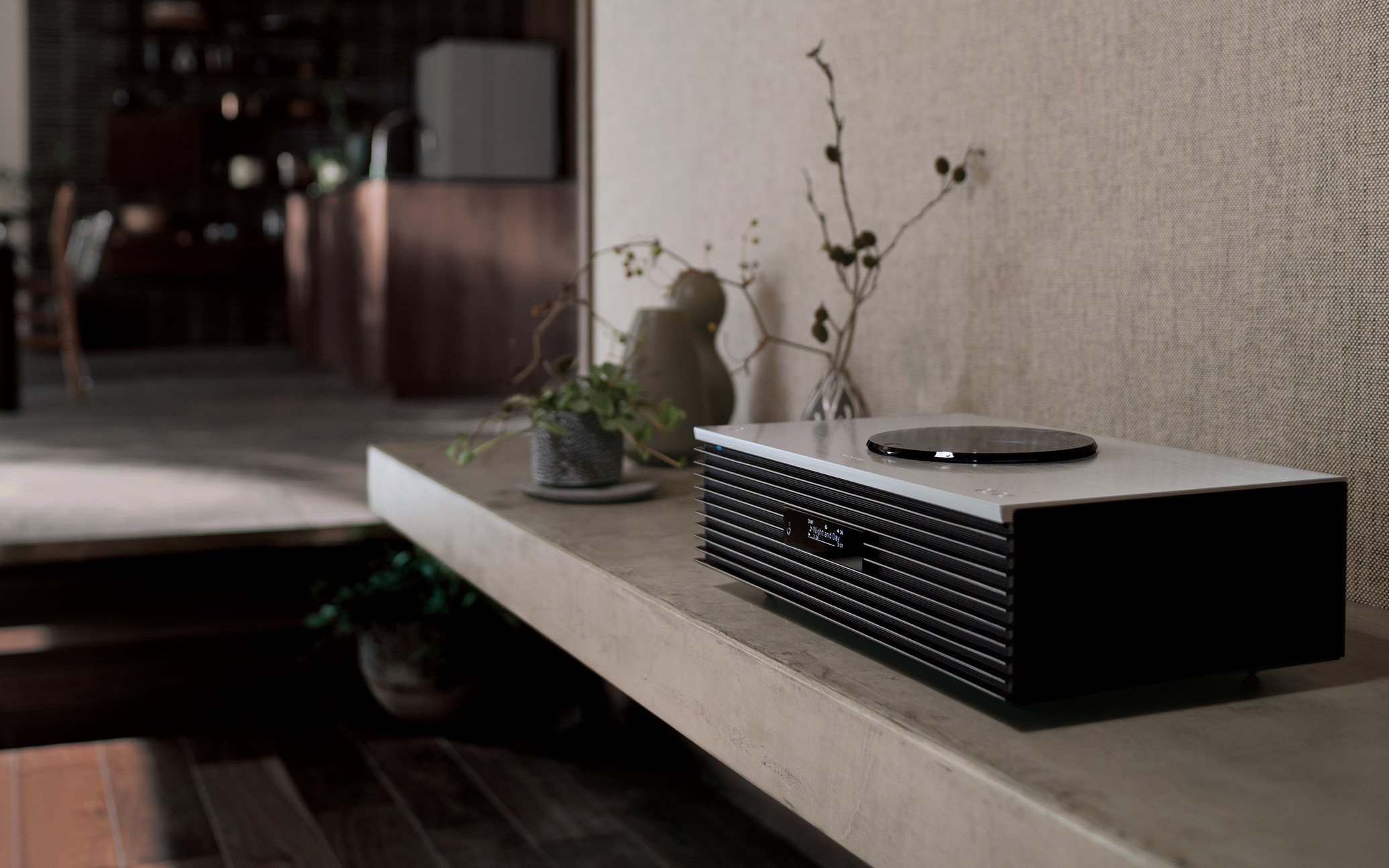 シルバーの天板に黒いスピーカーで小さなディスプレイを持つOTTAVA f（オッターヴァフォルテ）SC-C70。背後に植物と陶器の花瓶