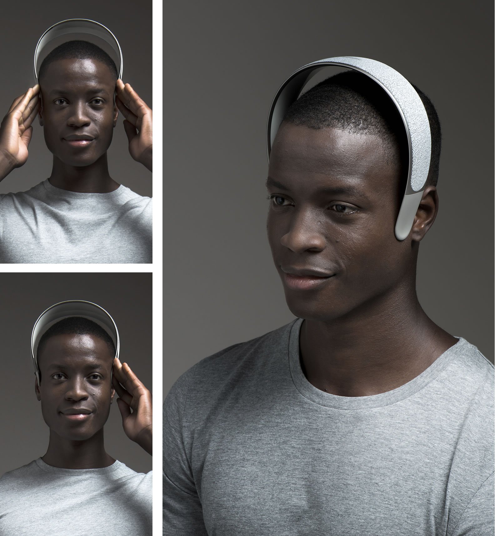頭にヘアバンド状のデバイスを装着している人の3枚の組み写真
