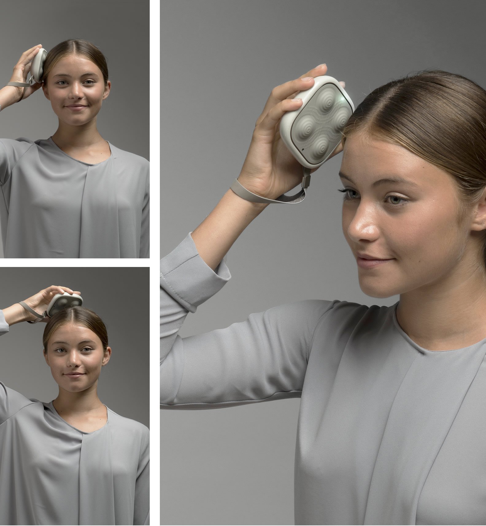 頭部にマッサージデバイスをあてている人の3枚の組み写真