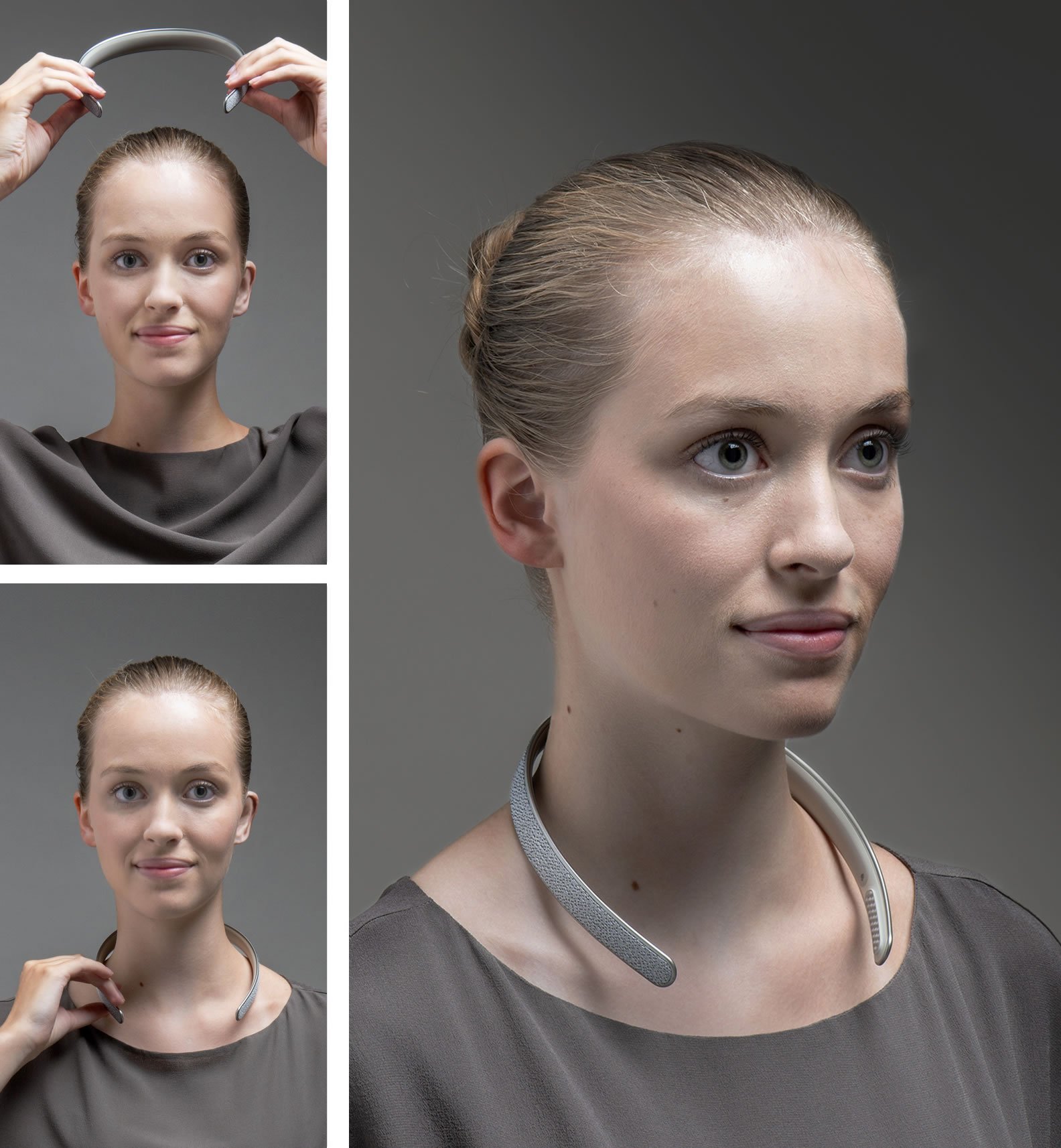 首にデバイスをかけている人の3枚の組み写真