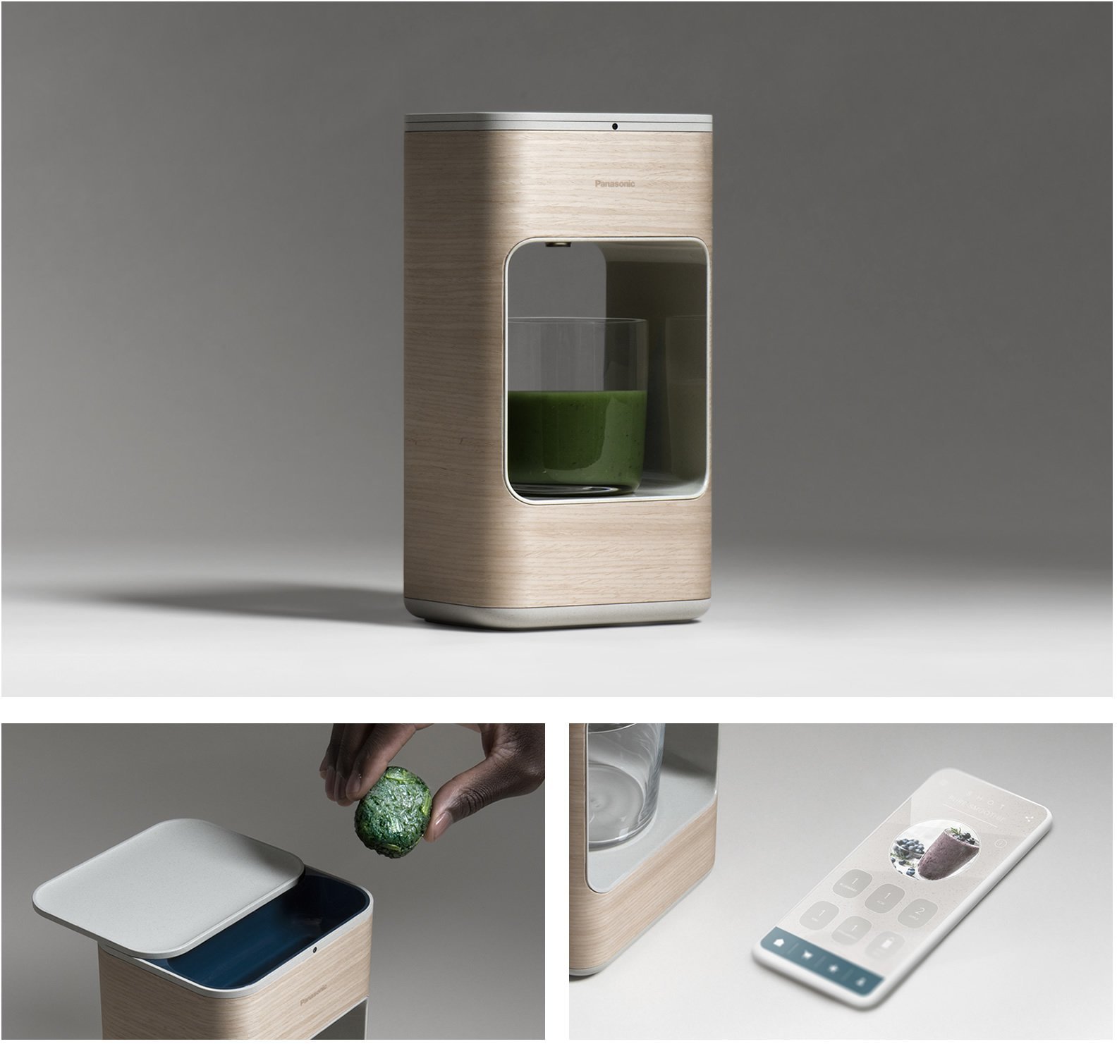 3枚の組み写真　上は木目模様のデバイス中央に緑の液体が入ったガラスのコップが置かれている　左下はデバイス上部から緑色の固形物を入れようとしている様子　右下はデバイスをスマートフォンで操作するイメージ