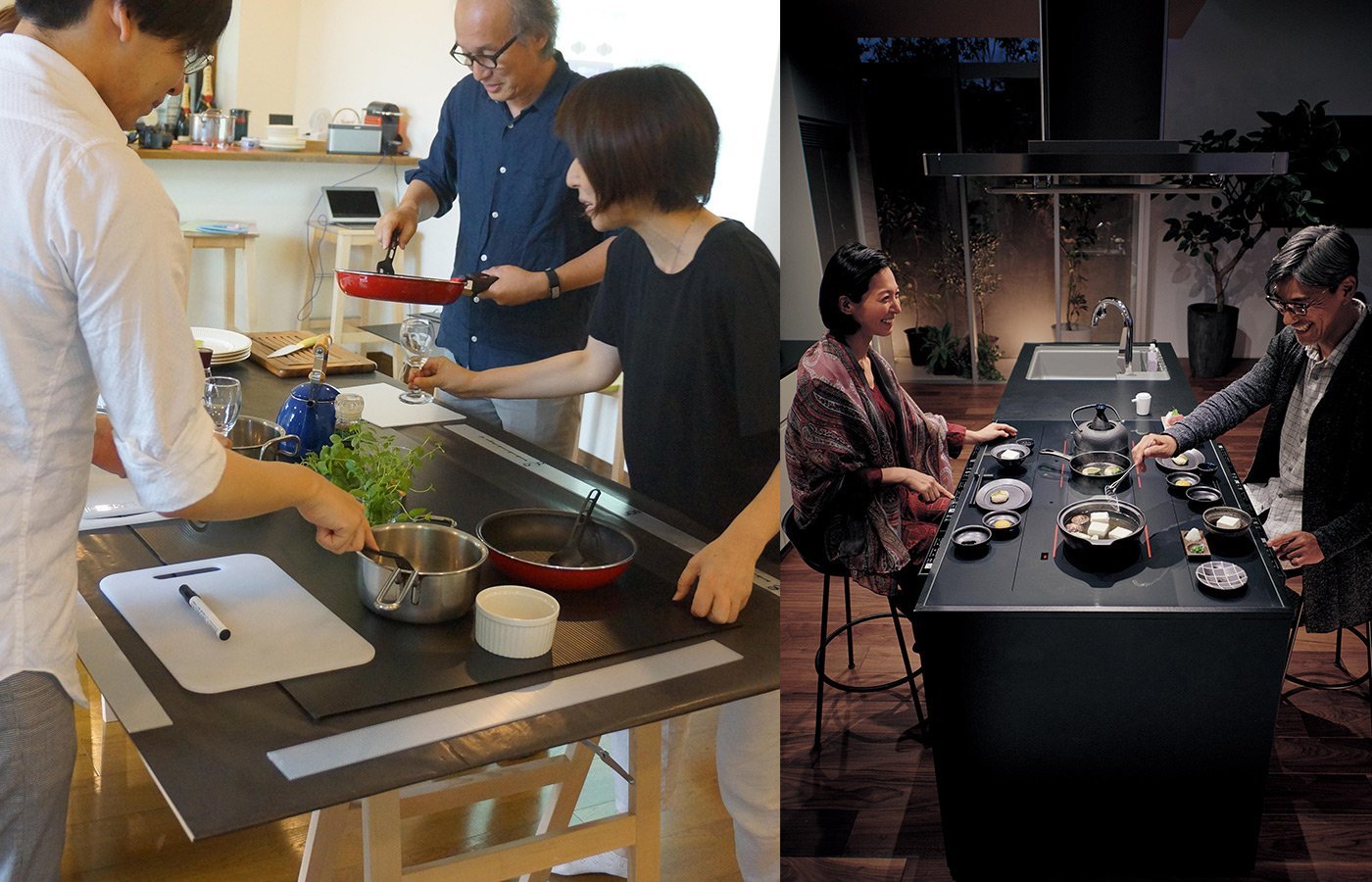 左側はキッチンで調理する3人。ステンレス鍋や赤いフライパン、まな板が並ぶ調理台。右側は黒い調理台で鍋料理を食べる2人。照明と観葉植物のある室内。