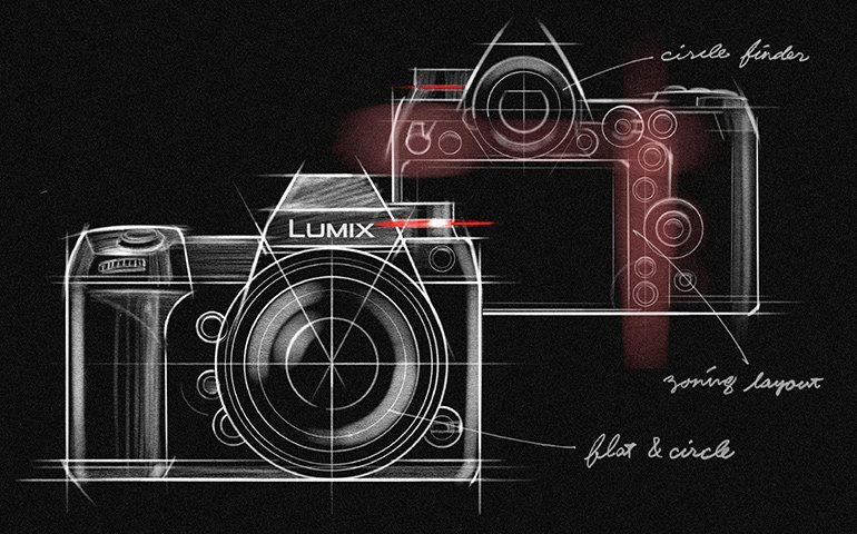 カメラのスケッチ画像　カメラ本体の正面と背面を黒い画面に白い線で手書きしている