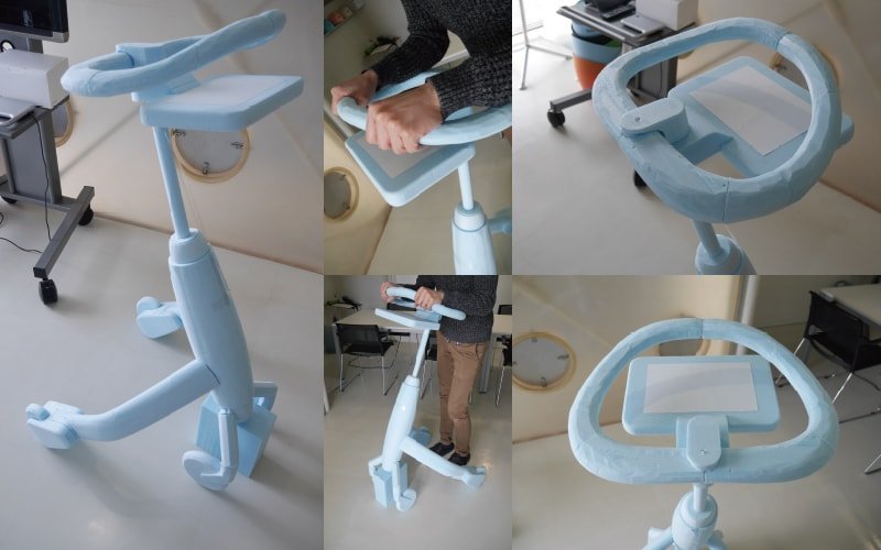 6枚の写真で構成された水色の歩行トレーニングロボットのモック。手すり部分とベース部分を異なる角度から撮影。一部の写真では使用イメージを確認する人物の手や足