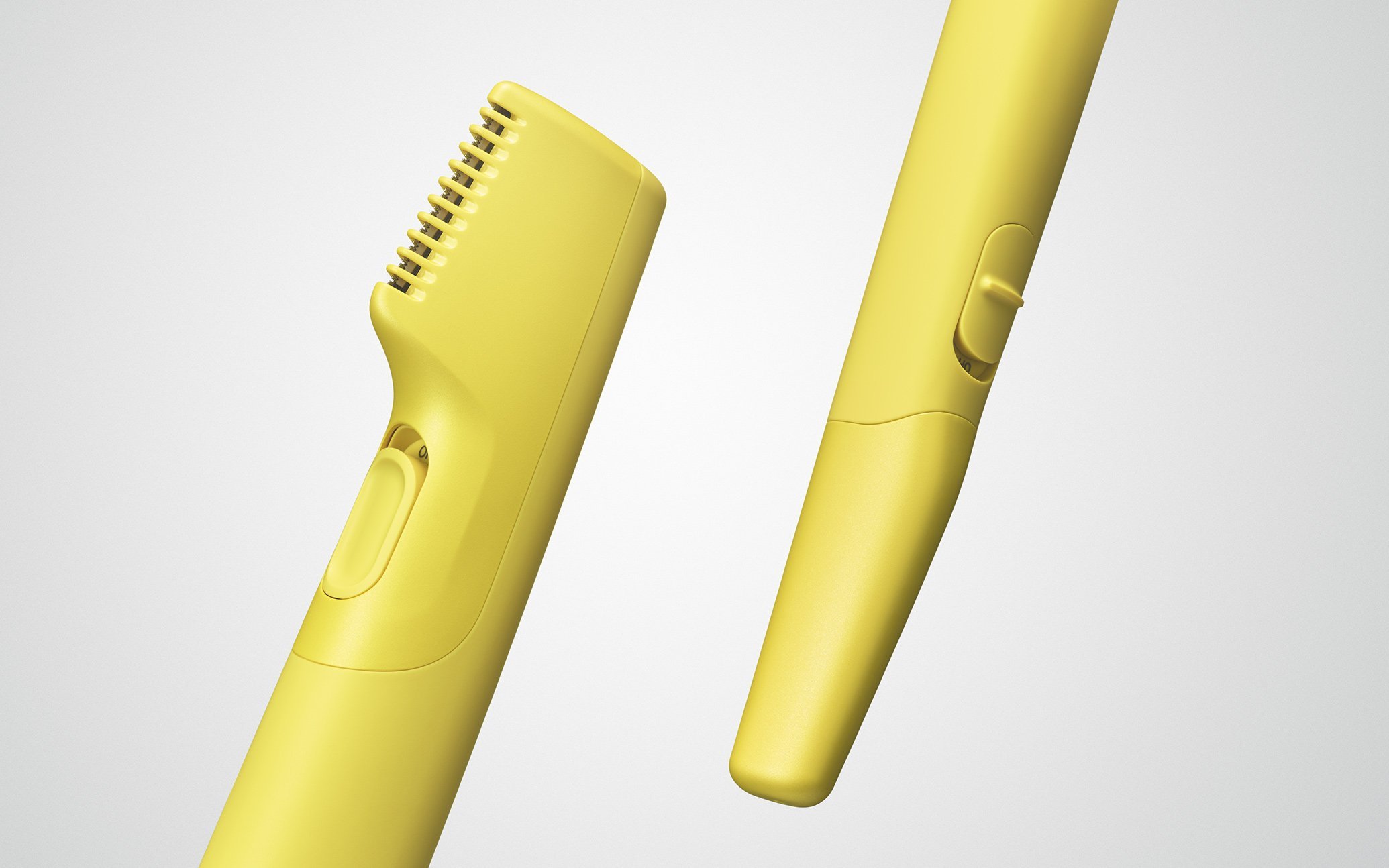 黄色の電気シェーバーとトリマーの正面と側面のデザインを見せる画像  