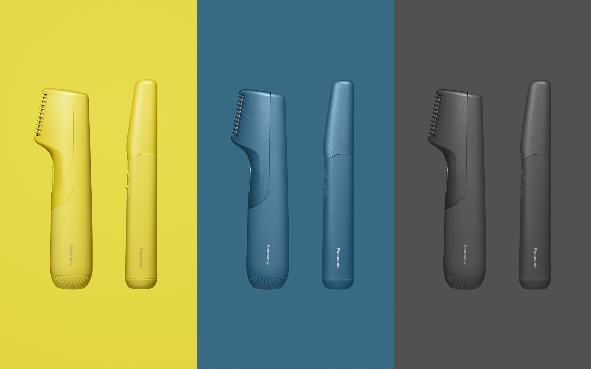 黄色、青、灰色の背景に並ぶシェーバーの正面と側面の画像  