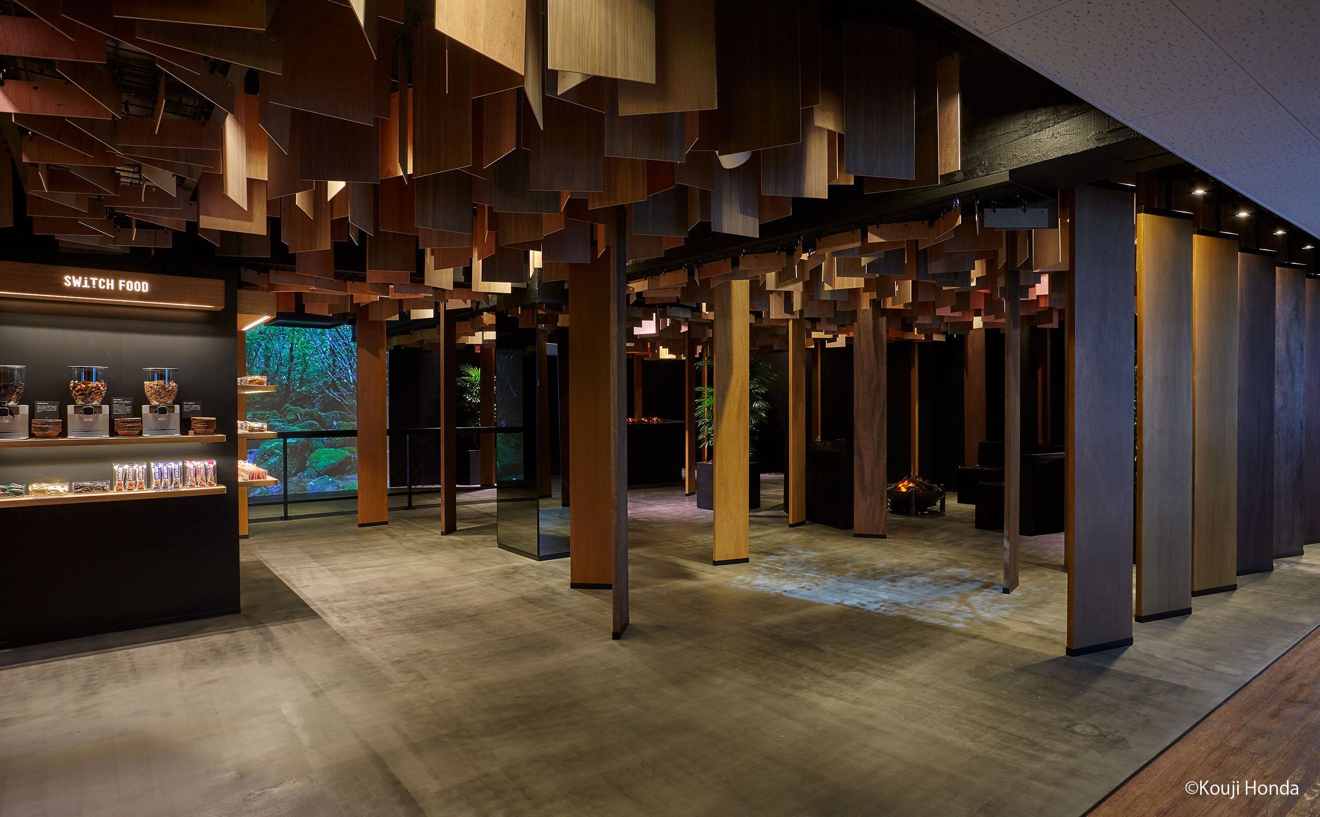 天井に木製の板が無数にぶら下がっている空間