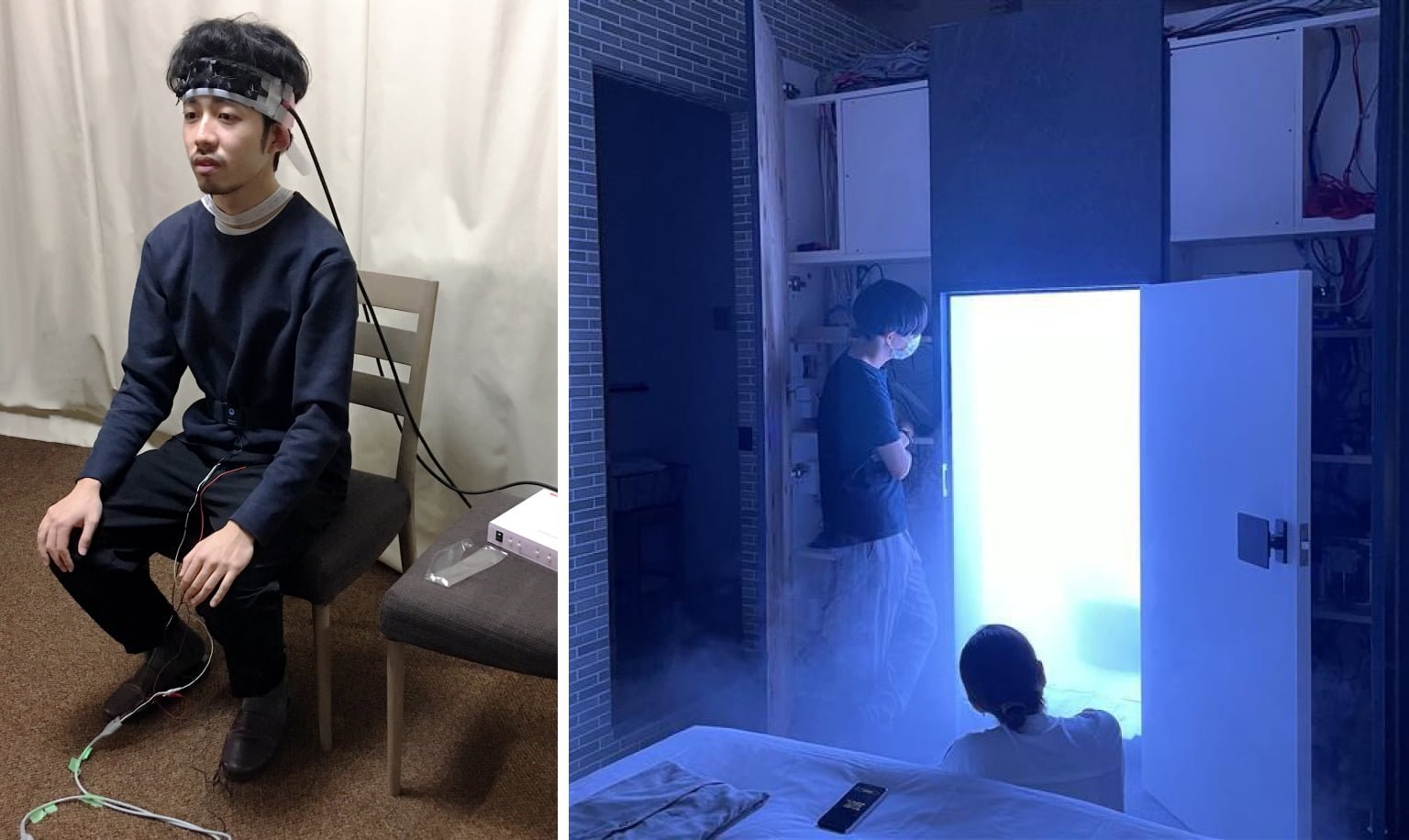 実験、検証している様子の2枚組の画像　左は頭にセンサーをつけ脳波を測っている様子、右はミストで満ちた空間を部屋の外から2人の人が眺めている様子