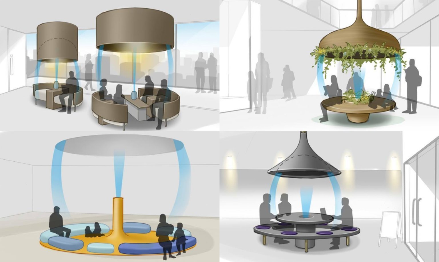 天井に設置された円形の空調装置と、室内の複数の座席エリアの様子