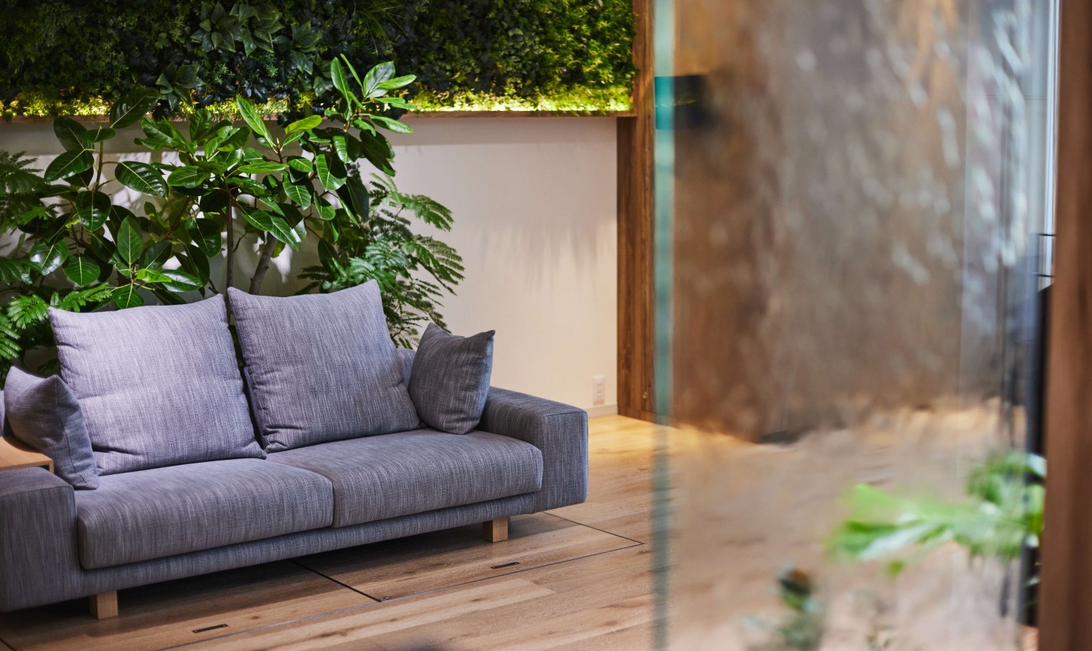 ガラス越しに見える灰色のソファと緑色の観葉植物、木製の床と壁面の植栽パネル、室内の自然光が差し込む空間