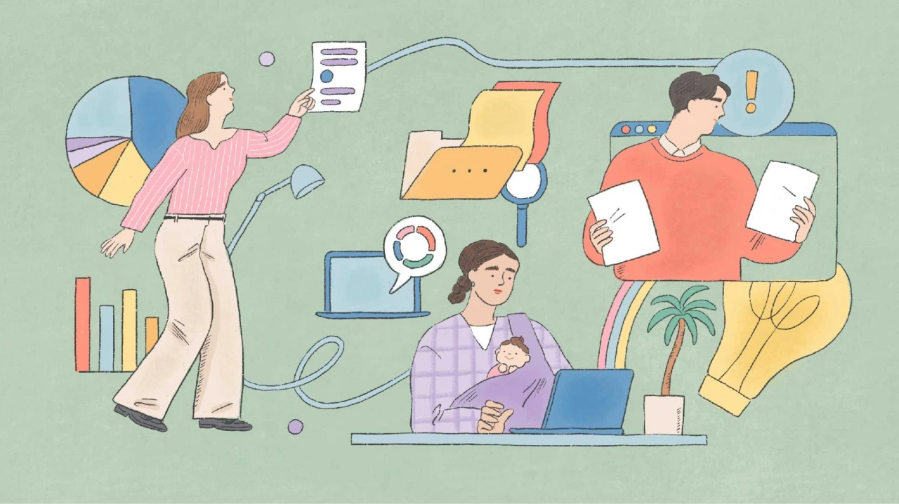 グラフや書類、ノートパソコンを背景に、資料を見る人物と子どもを抱く人物のイラスト