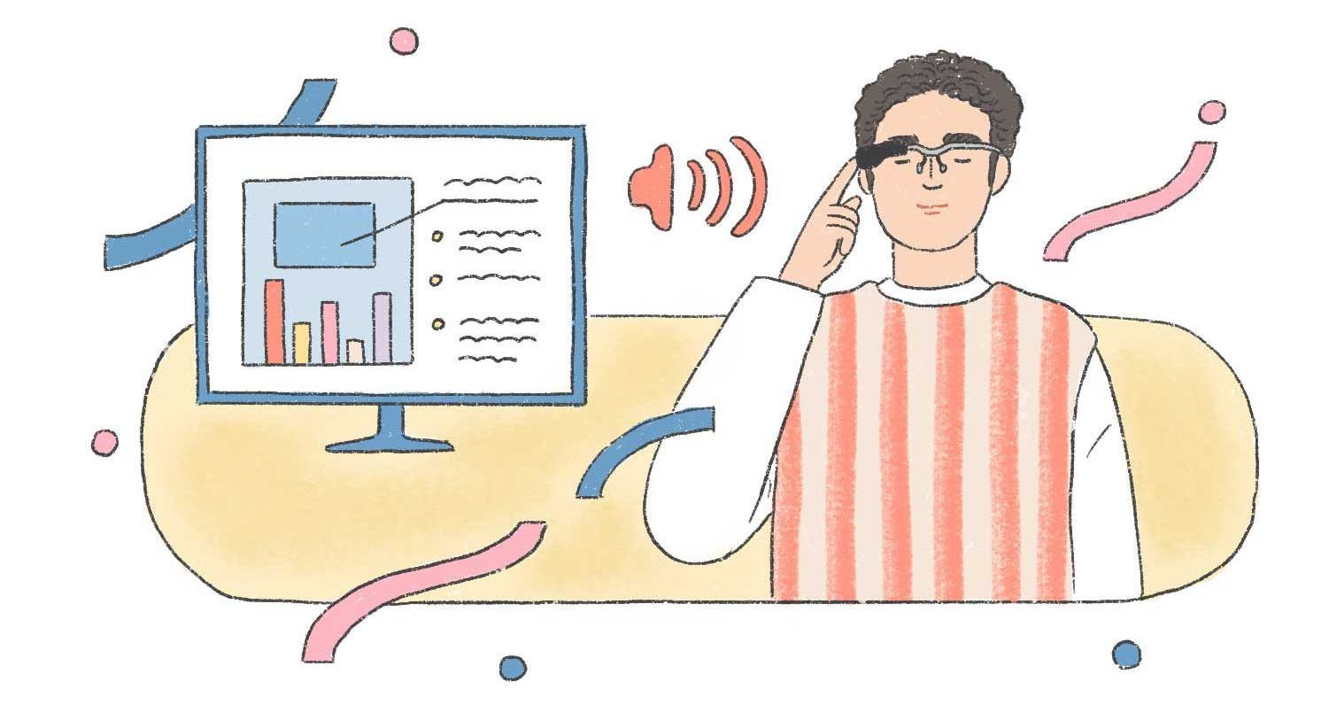 グラフを表示したモニターと、メガネに触れる人物のイラスト