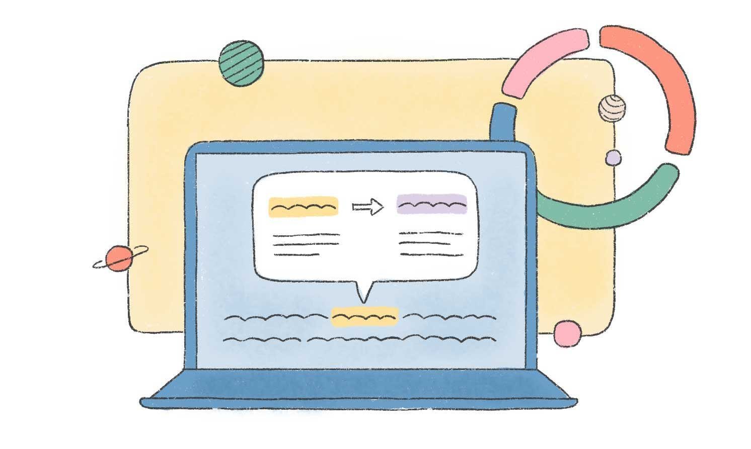 ノートパソコン画面に文章と矢印が表示されたイラスト