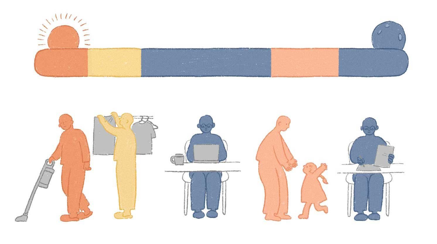 家事や育児、デスクワークをする複数人物のシルエットイラスト