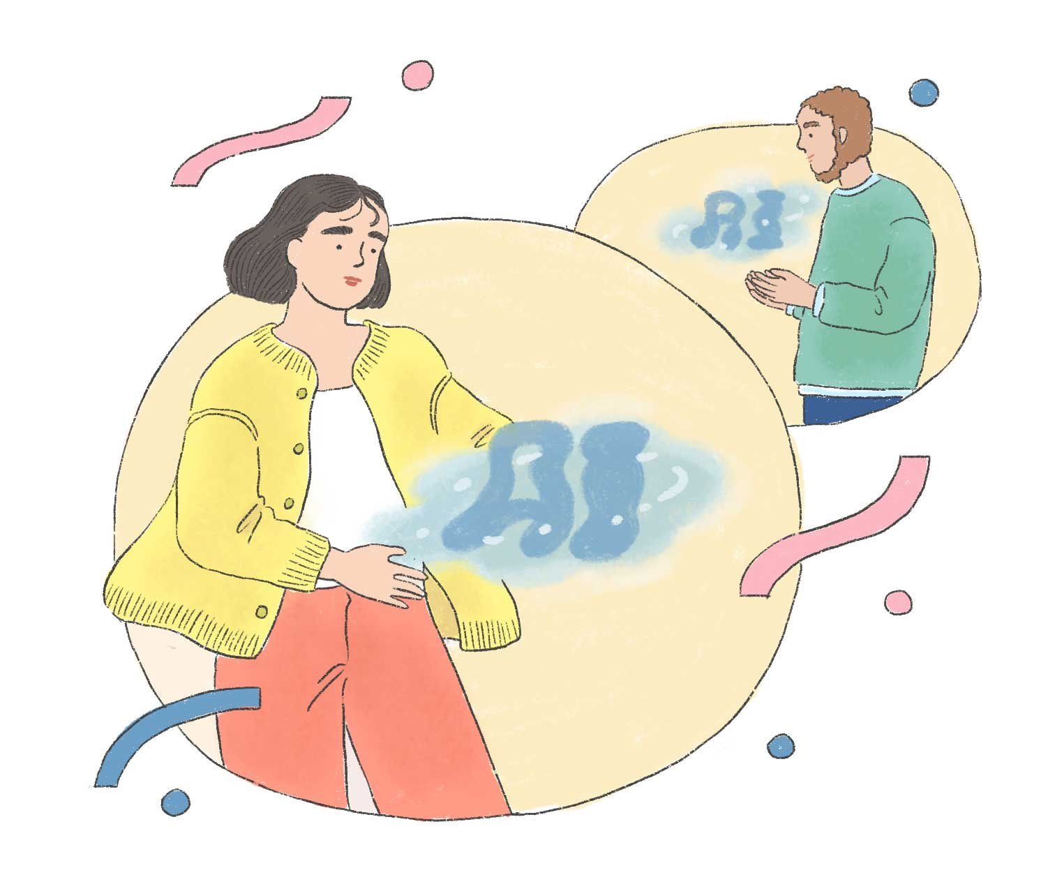 胸元に青い形状が描かれた人物と向かい合う人物のイラスト