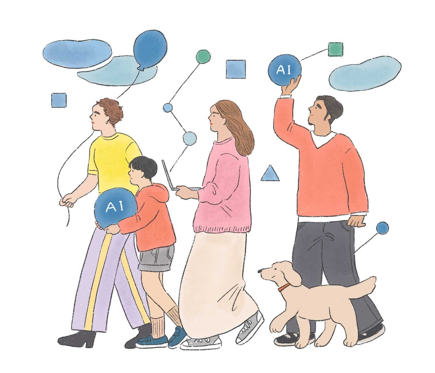 「AI」と書かれた球体を持つ人物や子ども、犬が並ぶイラスト