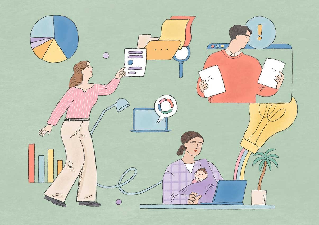 グラフや書類、ノートパソコンを背景に、資料を見る人物と子どもを抱く人物のイラスト
