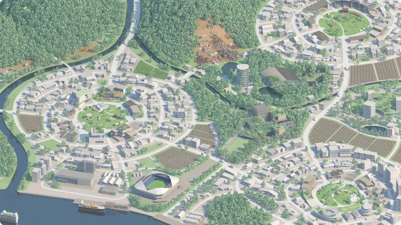 多くの緑に囲まれた、円形状に配置された街のイメージを上空から見たイラスト