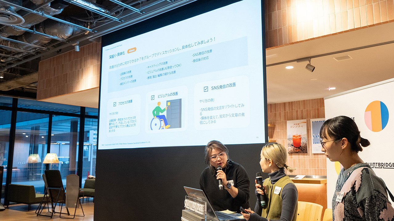 ハイチェアに座った登壇者３人が、資料を投影したスクリーンの前で、説明をしている。