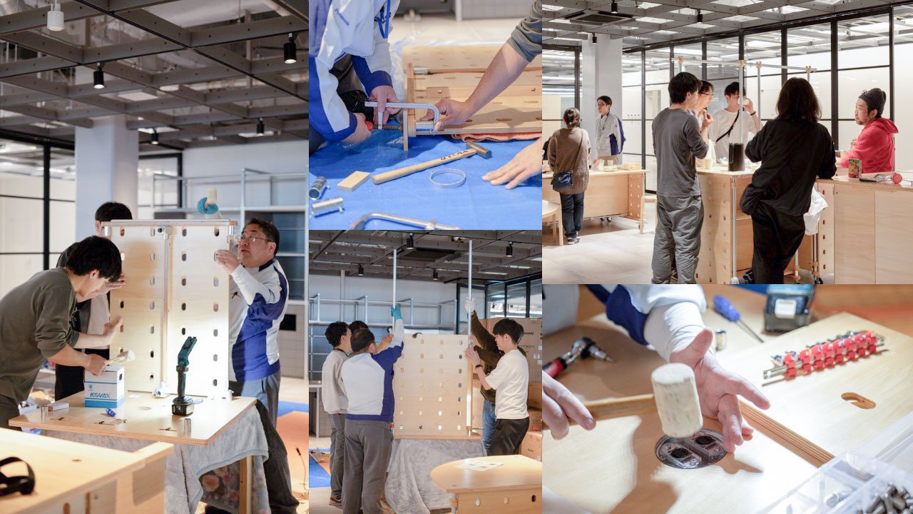 木製パネル組み立ての作業コラージュ、クランプと木槌、工具、作業台、作業者