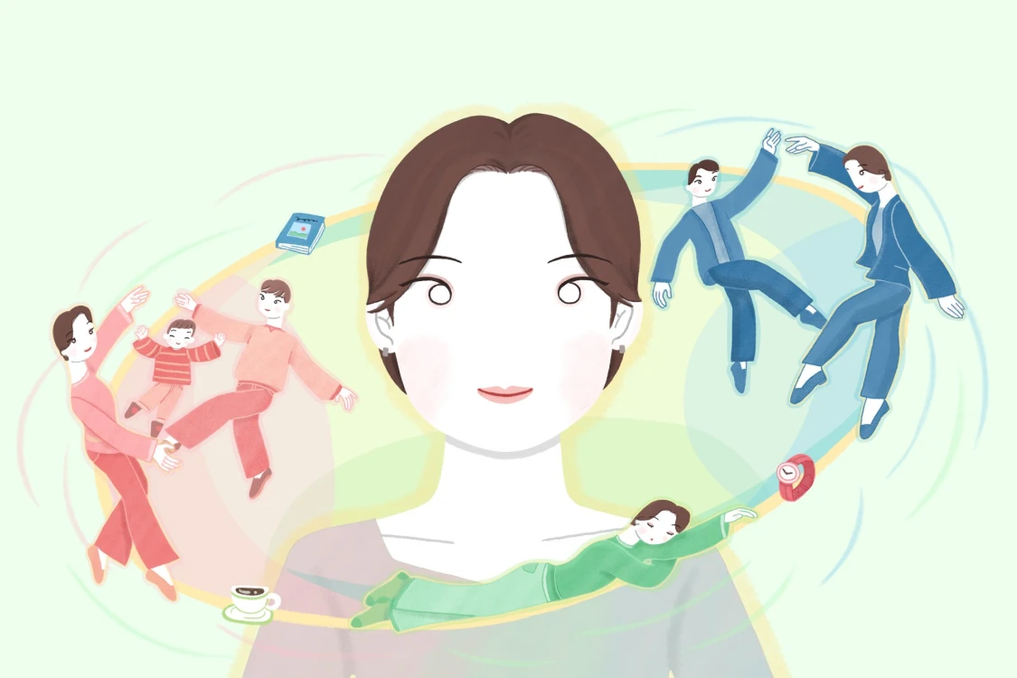 イラスト：正面を向いた女性のまわりを、家族や仕事や一人の時間が取り巻いている様子