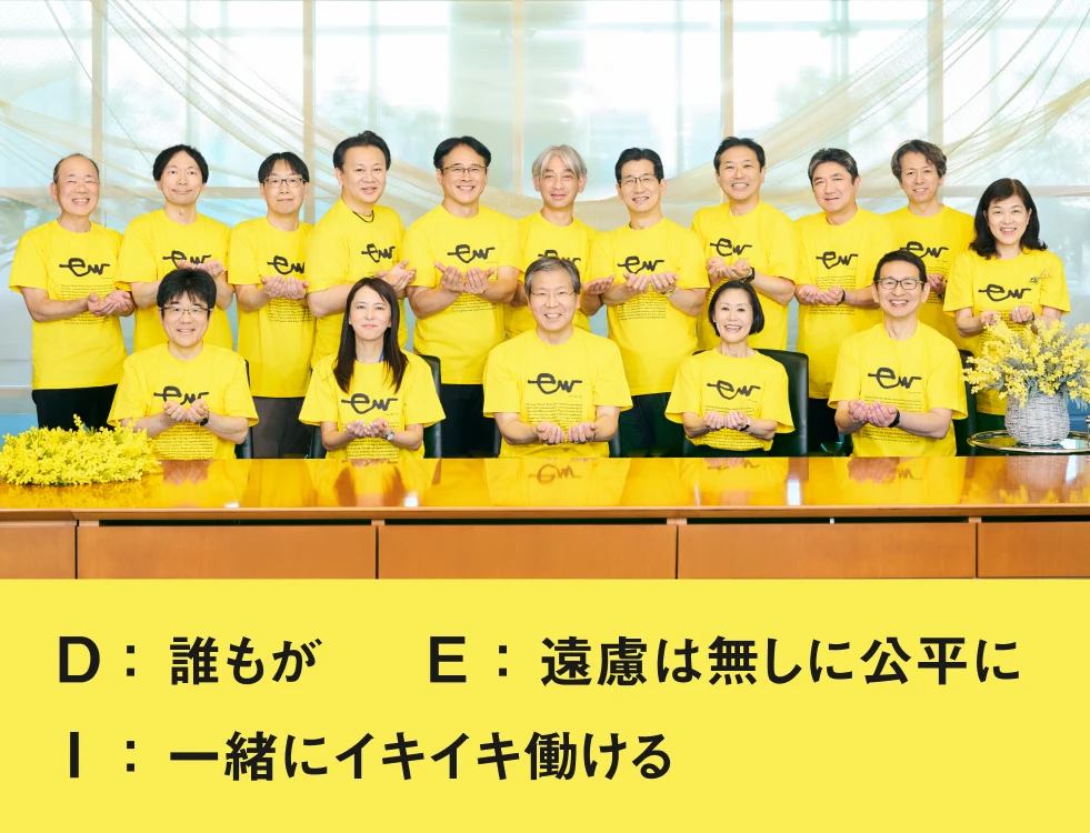 写真：パナソニック エレクトリックワークスのDEI推進に取り組む役員と、「D:誰もが」「E:遠慮は無しに公平に」「I:一緒にイキイキ働ける」というスローガン