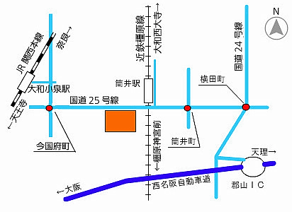 近鉄　筒井駅、西名阪自動車道　郡山インターからの概略図
