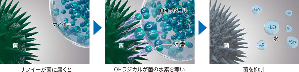 ナノイーが菌に届くとOHラジカルが菌の水素を奪い菌を抑制。