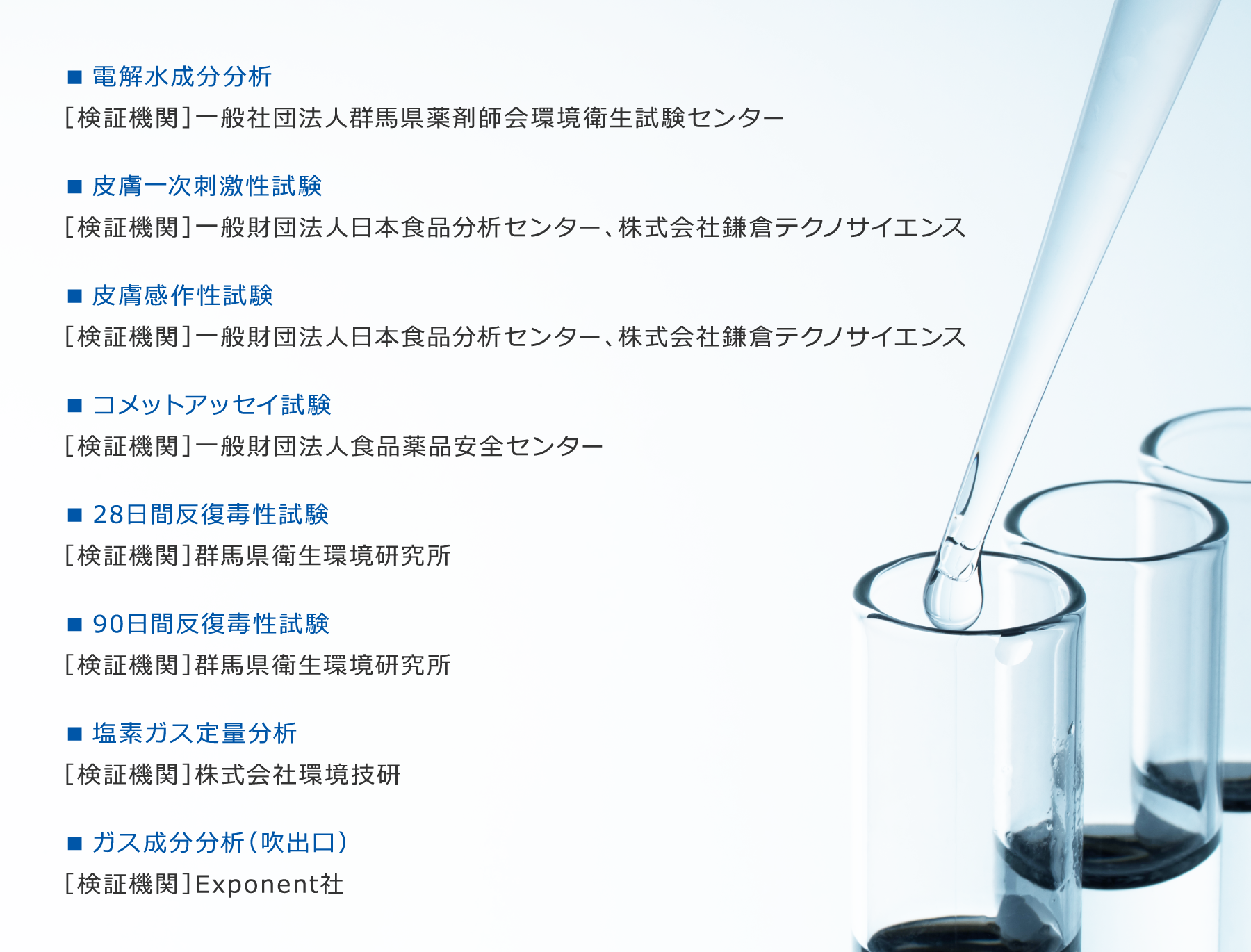 安全性検証試験の例（■皮膚一次刺激性試験、■皮膚感作性試験、■眼刺激性試験、■コメットアッセイ試験、■28日間反復毒性試験、■90日間反復毒性試験、■次亜塩素酸水溶液（電解水）成分分析、 ■塩素ガス定量分析、■ガス成分分析（吹出口））