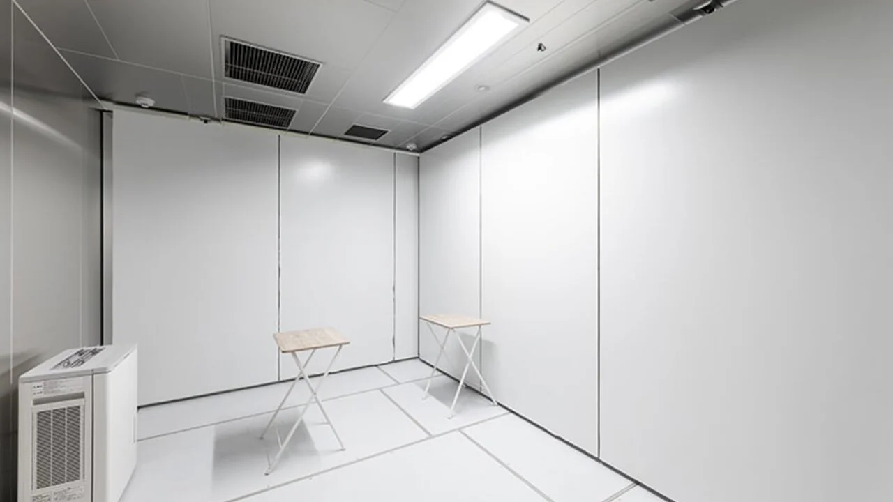 可変型の実空間除菌試験室。シルバーの壁面で構成された清潔感のある試験空間。会議室程度の狭い部屋を再現したレイアウト