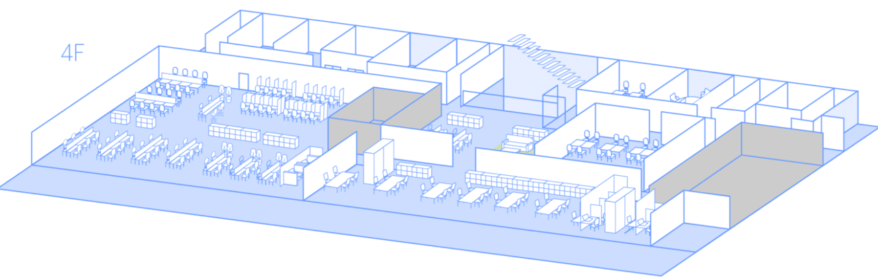 草津新棟4階フロアのアイソメトリック図。空をイメージした青色で描かれたオフィスレイアウト