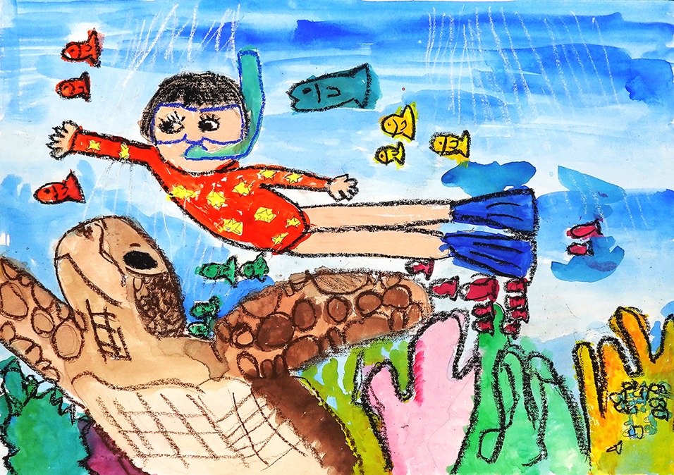 きれいなうみでおよぐカメとわたし