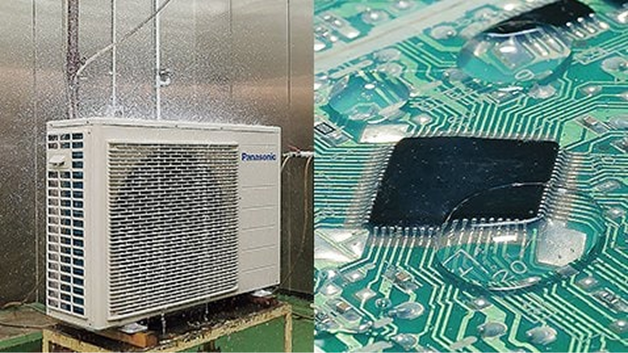 防水試験：屋外設置機器の耐水性を検証する様子