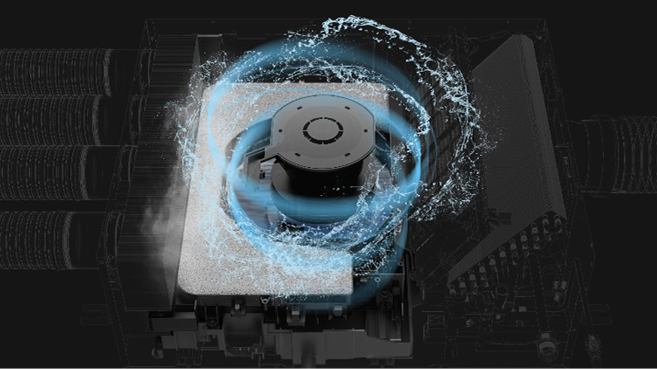 高速回転するドラムで水を破砕・加湿する遠心破砕加湿技術の内部イメージ