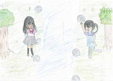 川と大きな木と少女達