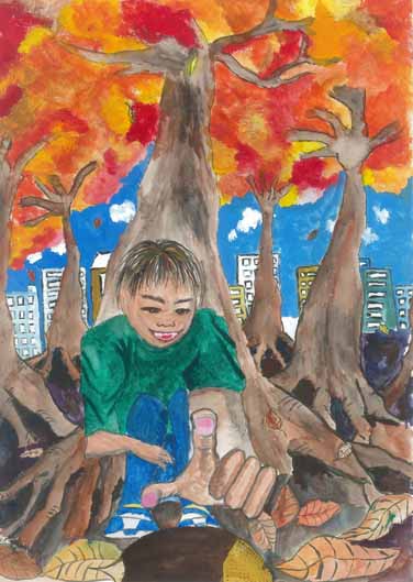 妹のどんぐり拾い