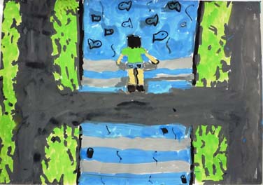 川にいる魚を見ている女の子