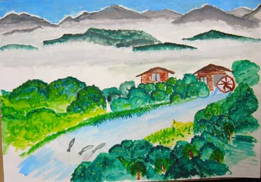 小川をささえる山々