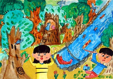 鳥の家がいっぱいある森